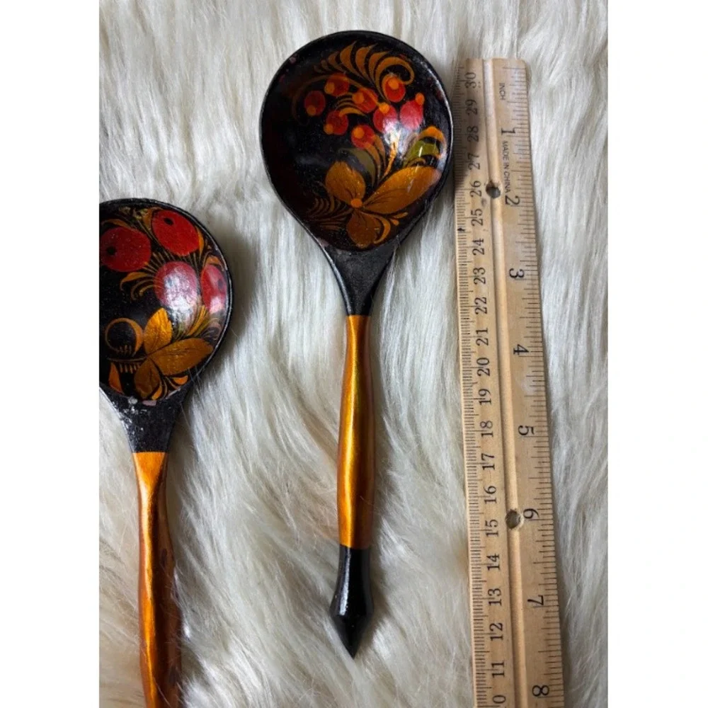 Vintage Khokhloma‎ Wooden Spoons Set 5 Hand Painted Russian Folk Art USSR Decor